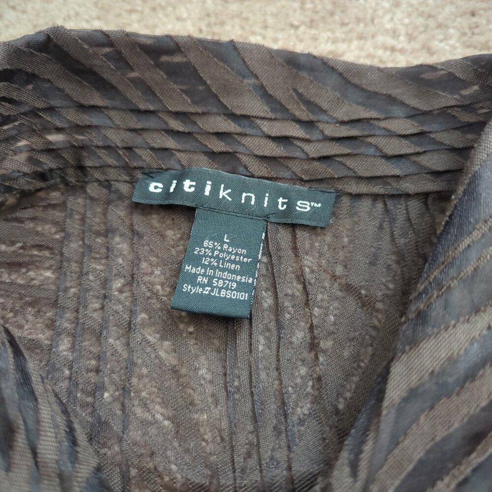 Citiknits Pleated Blouse Semi Sheer Long Sleeve Button Front Brown Large - Picture 4 of 11